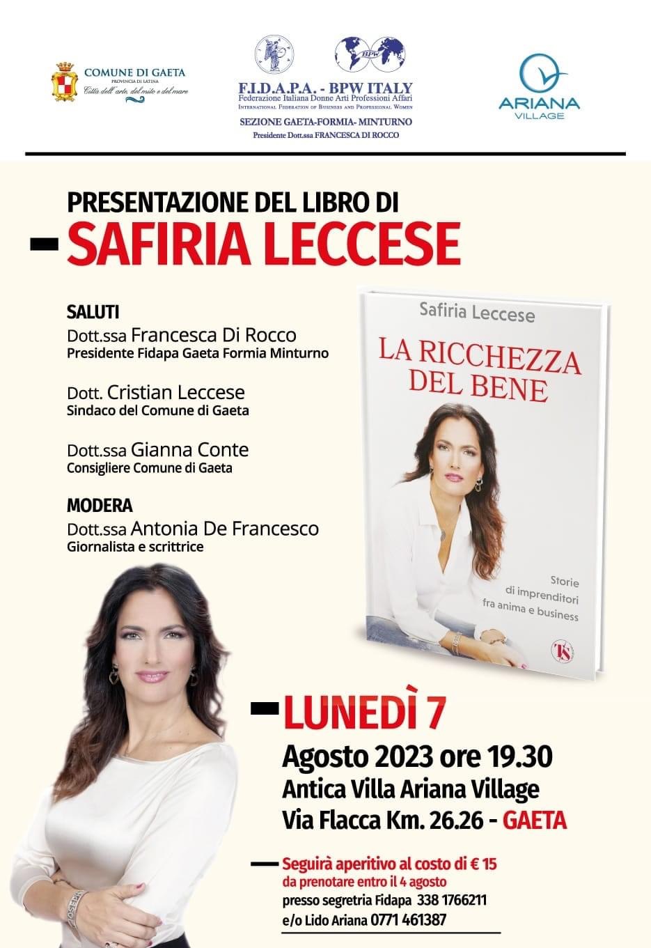"La ricchezza del bene", lunedì 7 agosto la presentazione dell'ultima opera di Safiria Leccese 