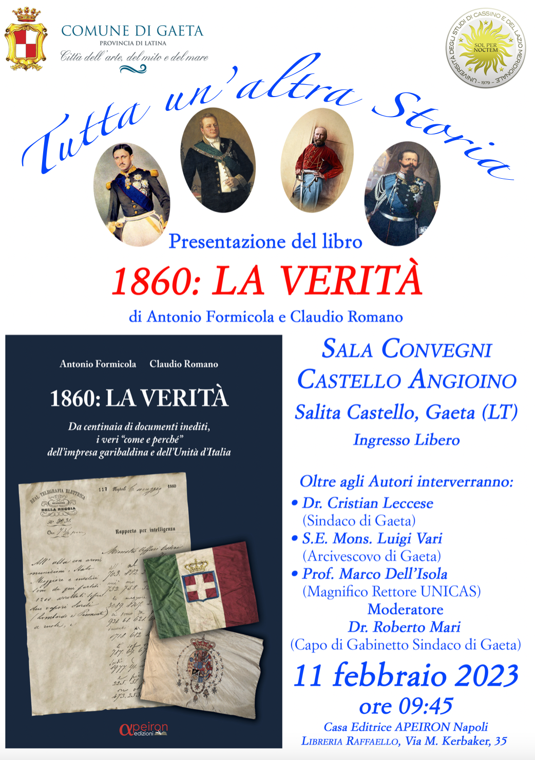 "1860, La Verità", sabato 11 febbraio la presentazione del libro presso il Castello Angioino