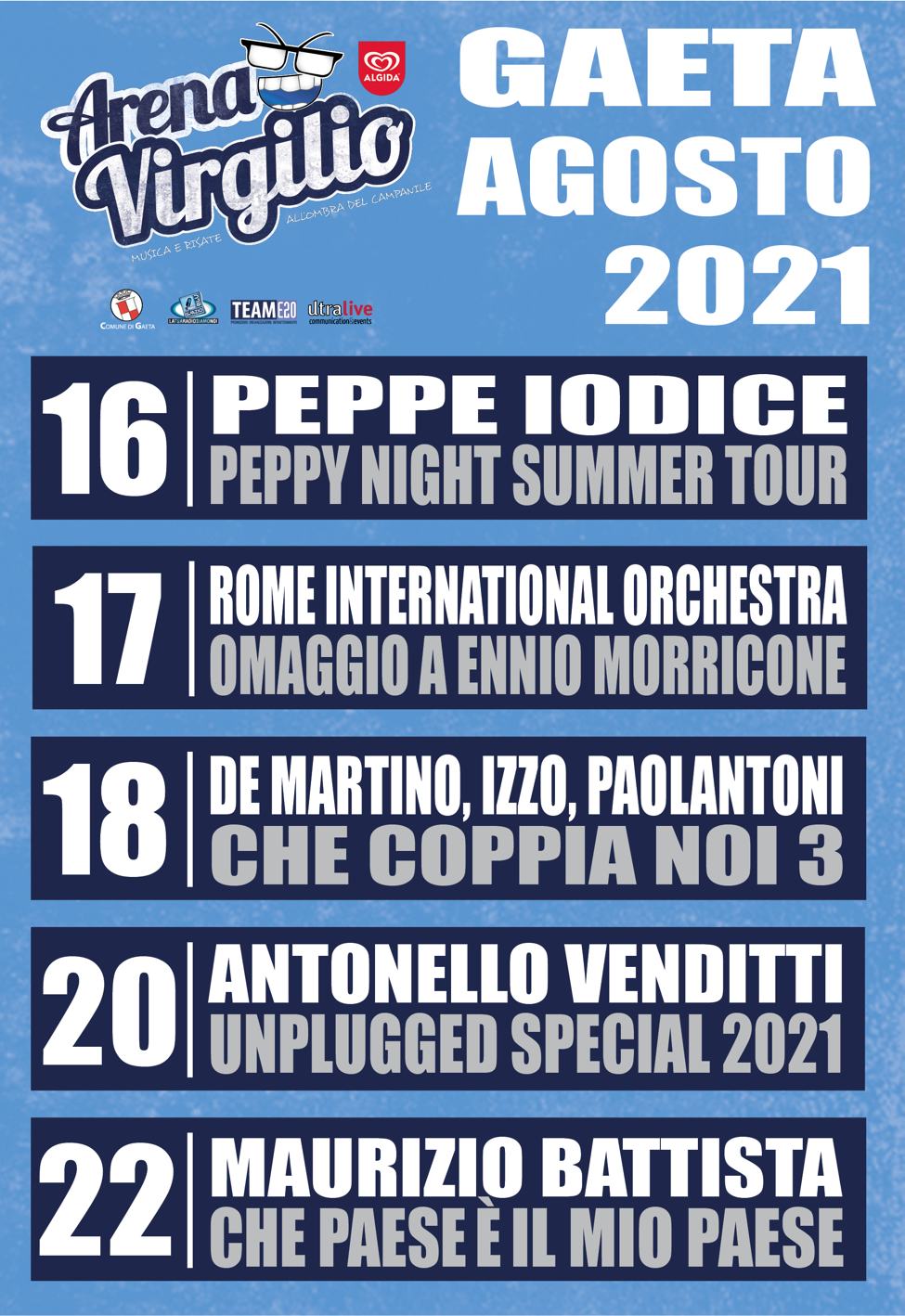  Arena Virgilio 2021: Antonello Venditti, Maurizio Battista, Peppe Iodice, Stefano De Martino, Biagio Izzo, Francesco Paolantoni, la Rome Internati...