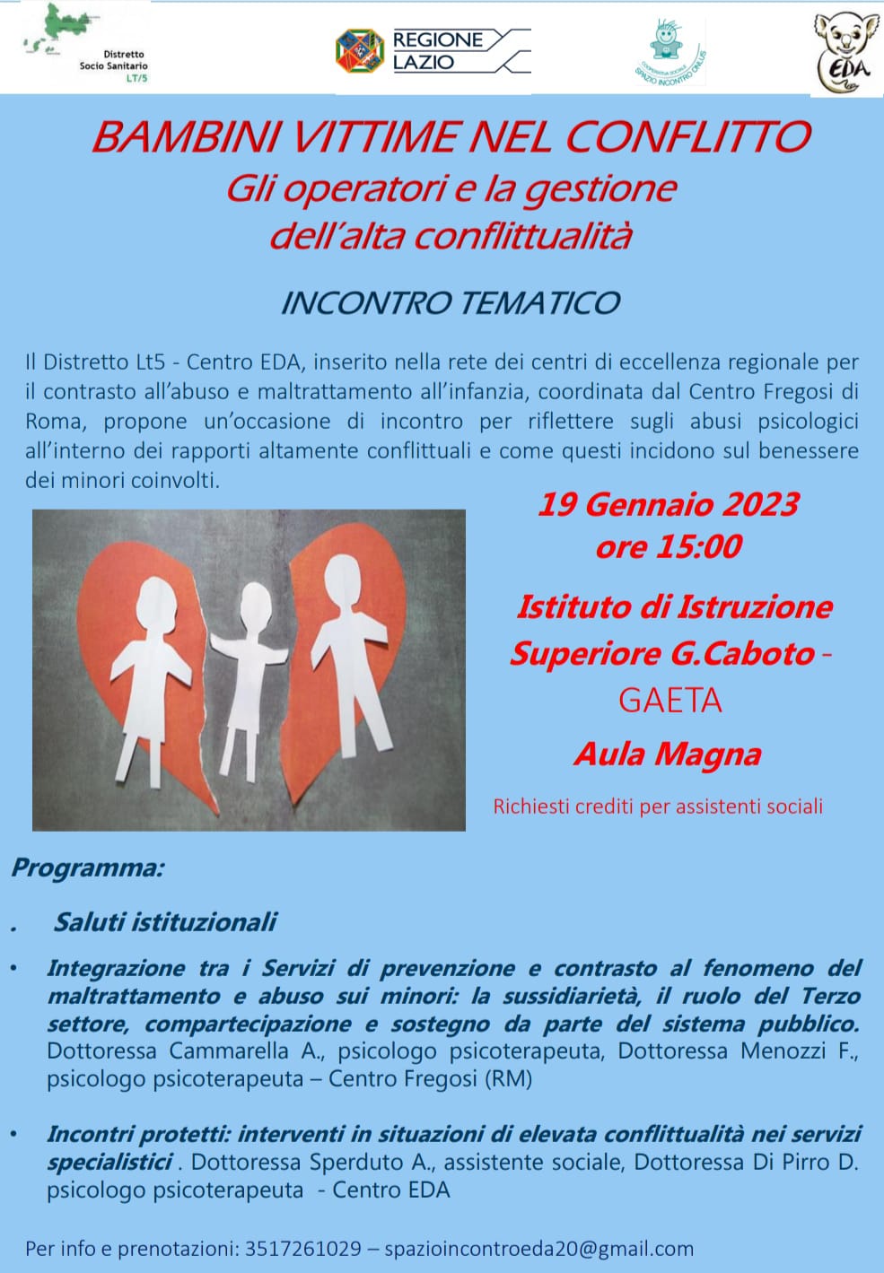 “Bambini vittime nel conflitto. Gli operatori e la gestione dell’alta conflittualità”, l’incontro tematico promosso dal Distretto Socio-Sanitario LT/5