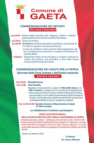Commemorazione dei Defunti e dei Caduti per la Patria: le cerimonie a Gaeta Commemorazione dei Defunti e dei Caduti per la Patria: le cerimonie a Gaeta
