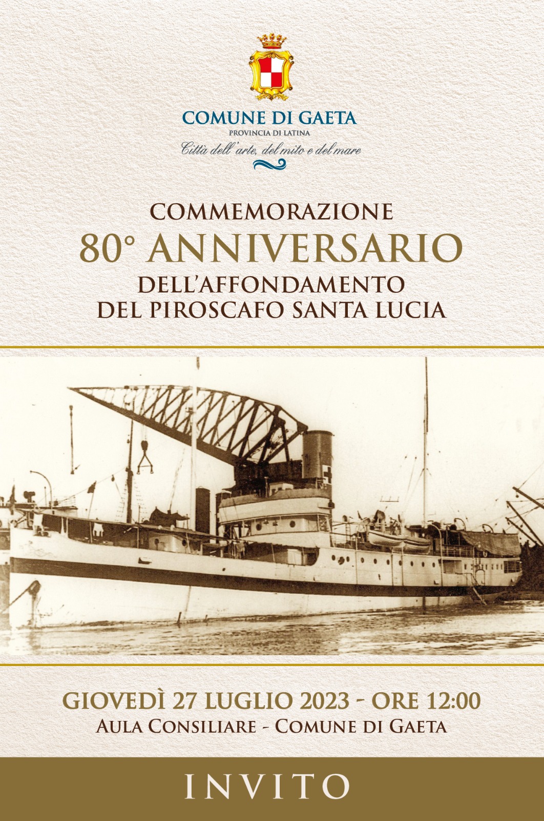 Commemorazione dell'80°anniversario dell'affondamento del Piroscafo Santa Lucia, giovedì 27 luglio la cerimonia in Aula Consiliare Commemorazione dell'80°anniversario dell'affondamento del Piroscafo Santa Lucia, giovedì 27 luglio la cerimonia in Aula Consiliare
