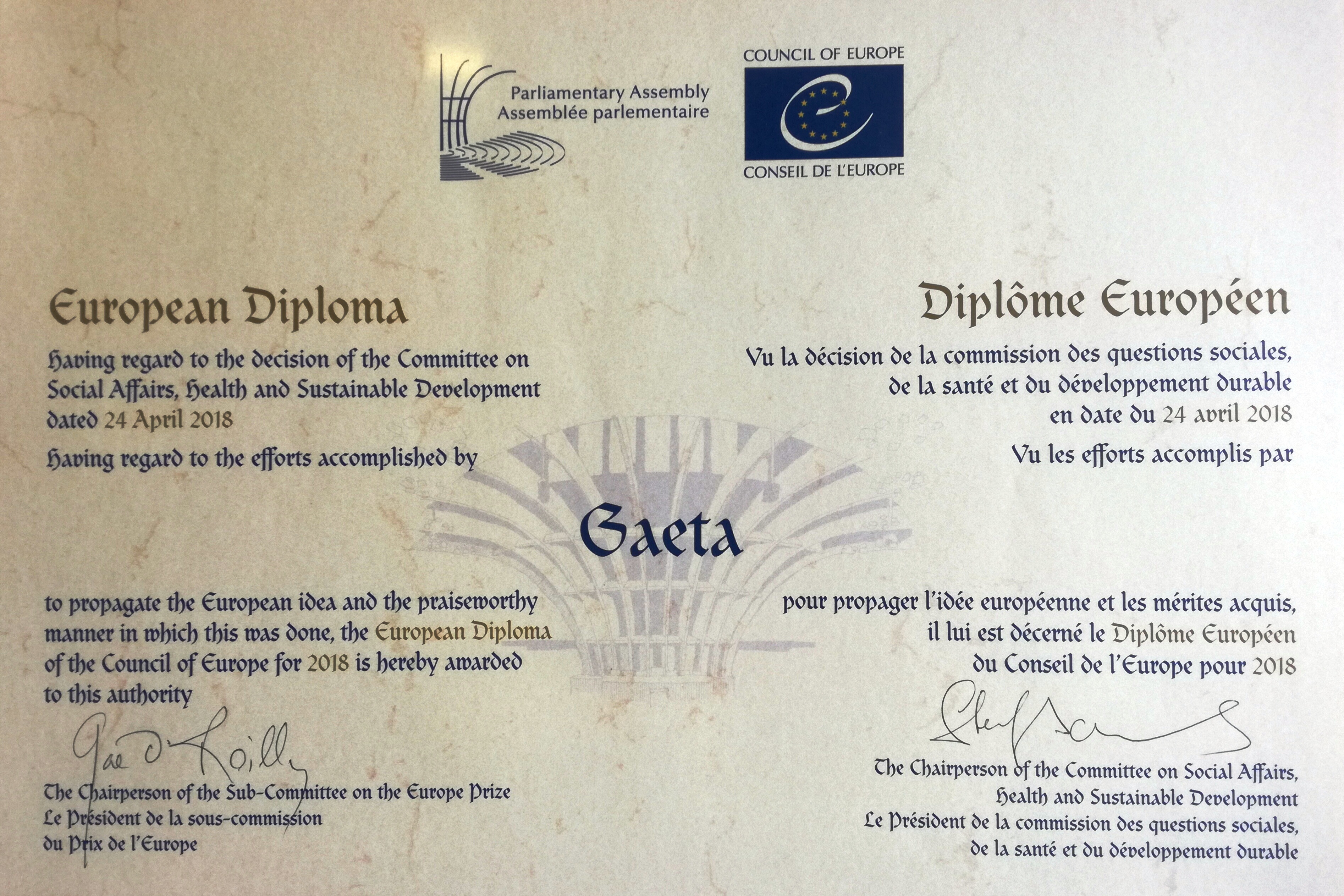 "Diploma europeo": presentato alla Città di Gaeta il prestigioso conferimento istituito dall'Assemblea parlamentare del Consiglio d'Europa a Strasb...
