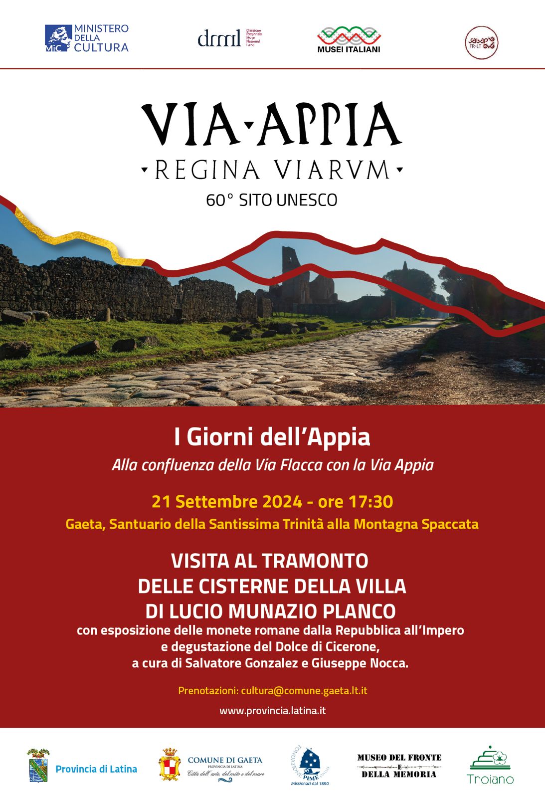 Gaeta, “I giorni dell’Appia”: sabato 21 settembre visita al tramonto alle Cisterne della villa di Lucio Munazio Planco Gaeta, “I giorni dell’Appia”: sabato 21 settembre visita al tramonto alle Cisterne della villa di Lucio Munazio Planco