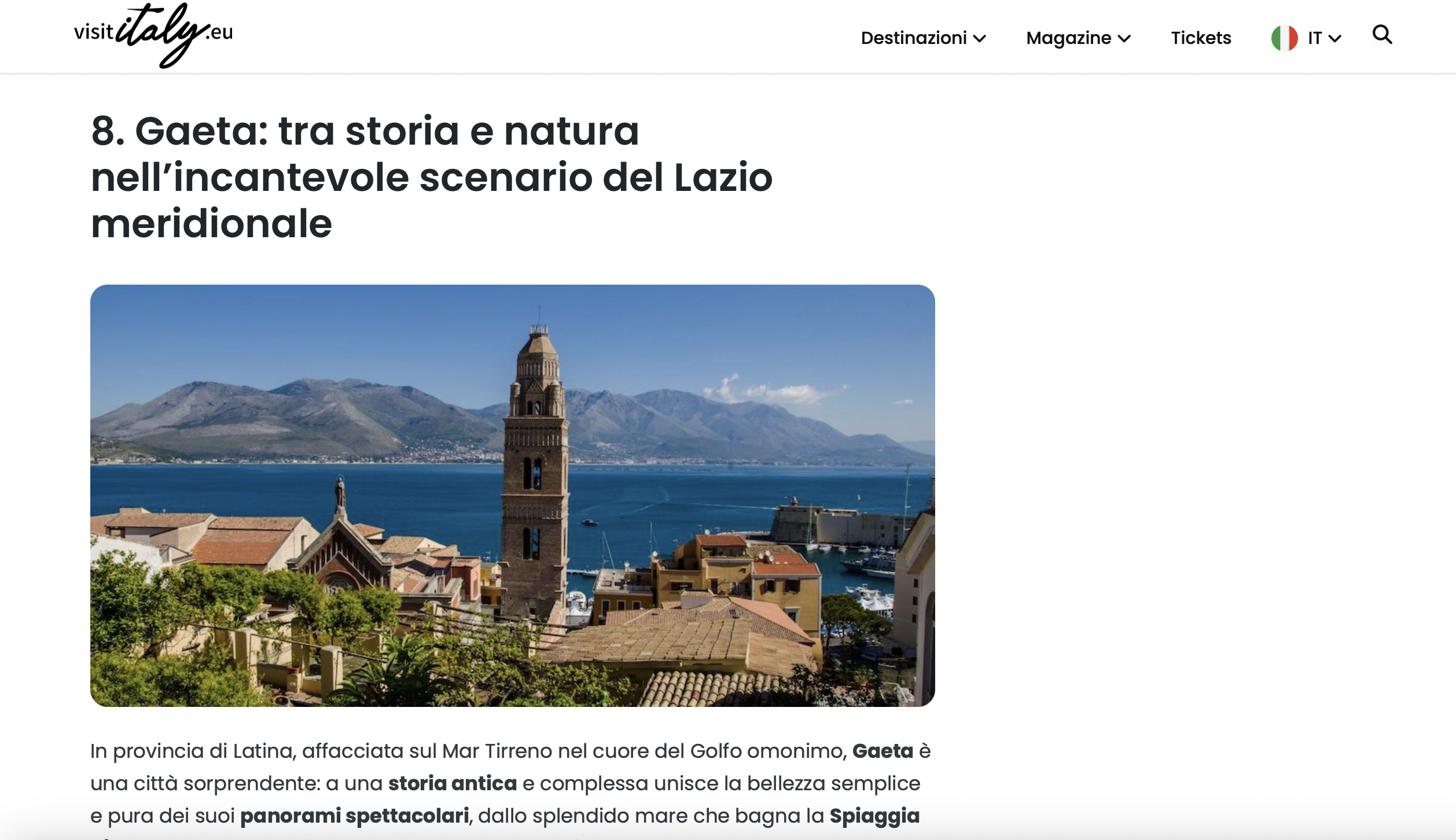 Gaeta tra le 10 migliori destinazioni da non perdere nel 2024 per Visit Italy