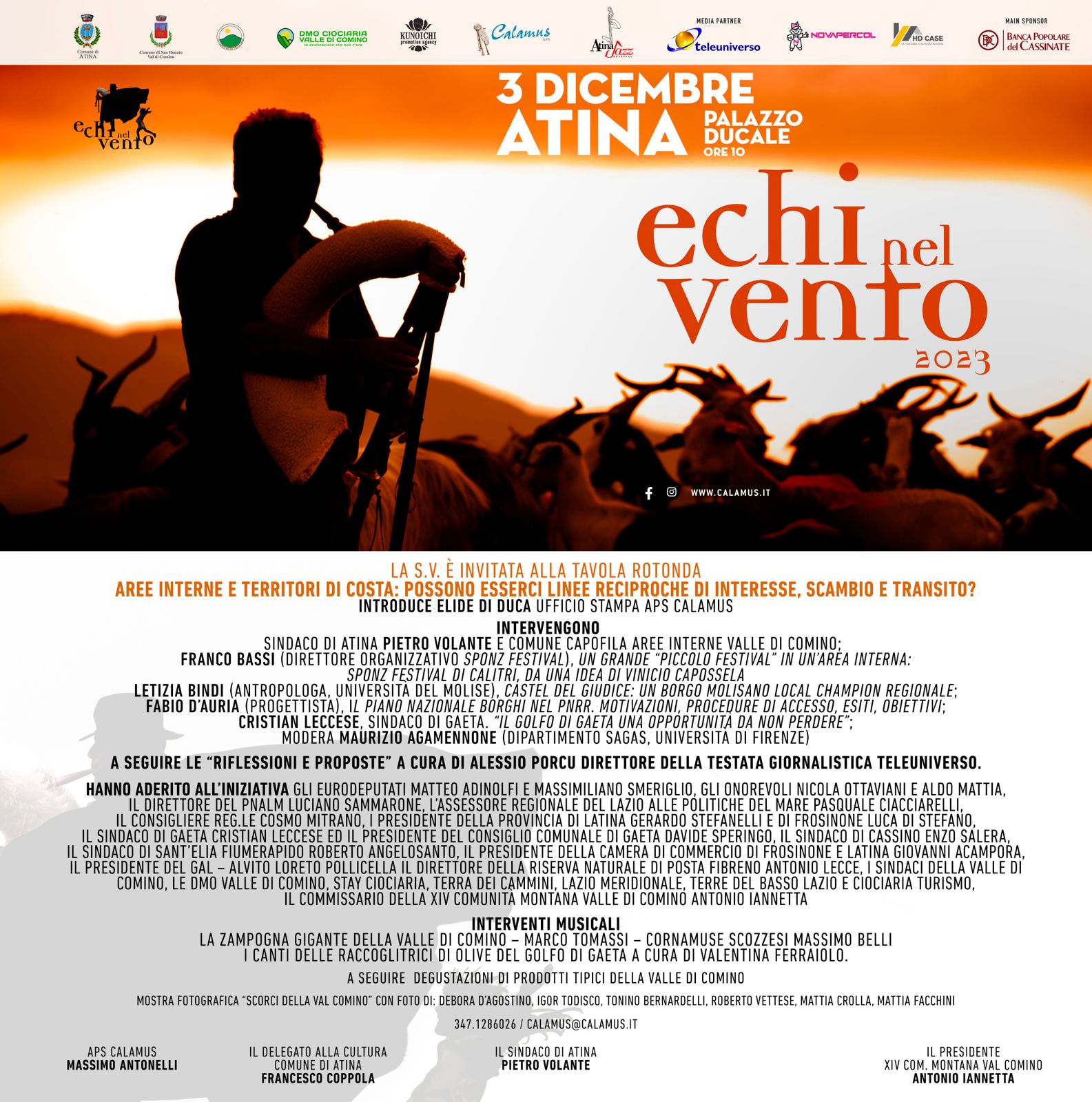 Il Sindaco Cristian Leccese al Festival "Echi nel Vento", domenica 3 dicembre al Salone di Palazzo Ducale di Atina