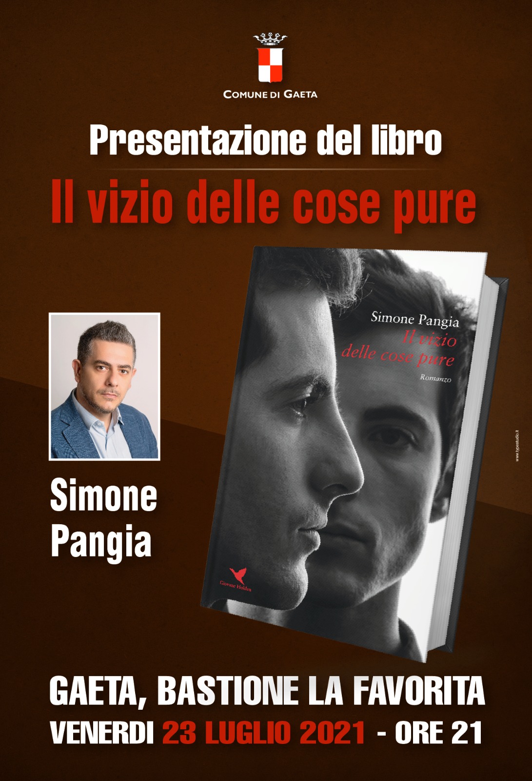 "Il vizio delle cose pure", presentazione del libro di Simone Pangia, venerdì 23 luglio ore 21 Bastione la "Favorita".