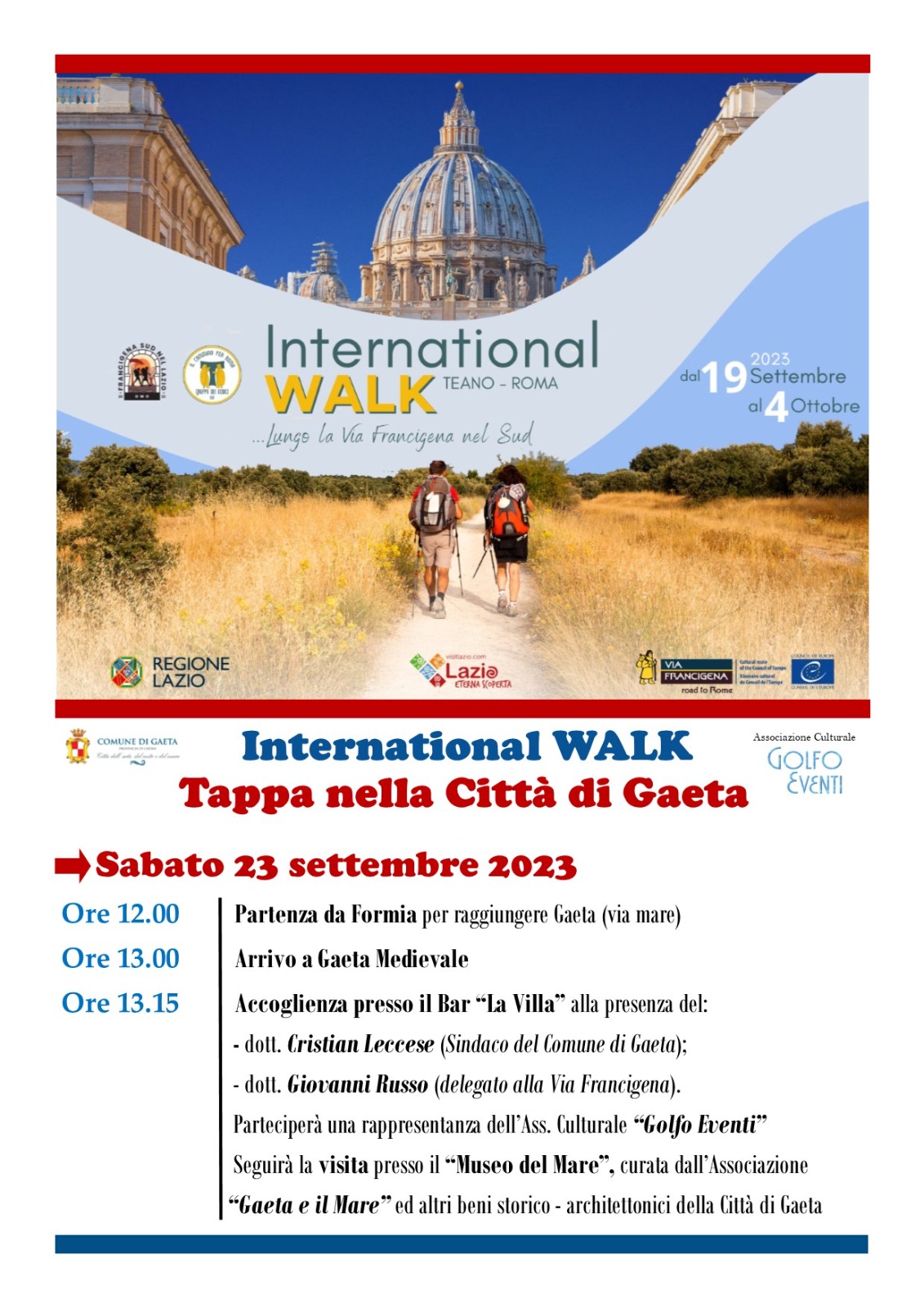 L'International Walk Teano-Roma approda a Gaeta: un incontro di pellegrini da tutto il mondo per scoprire la bellezza della via Francigena nel Sud