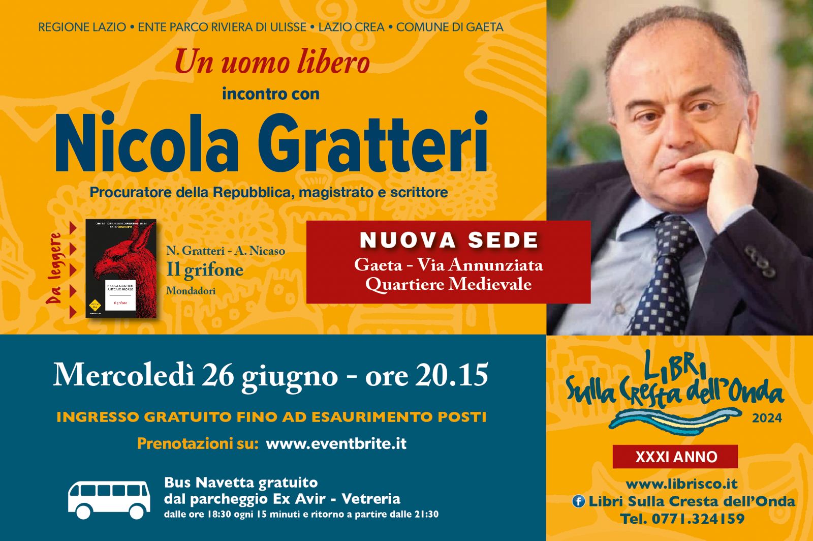 Mercoledì 26 giugno primo appuntamento con la rassegna Libri sulla Cresta dell' onda: ospite il magistrato Nicola Gratteri 