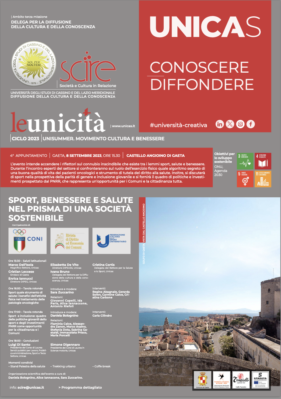 Sport, benessere e salute nel prisma di una società sostenibile, venerdì 8 settembre l'evento dell'Unicas al Castello Angioino