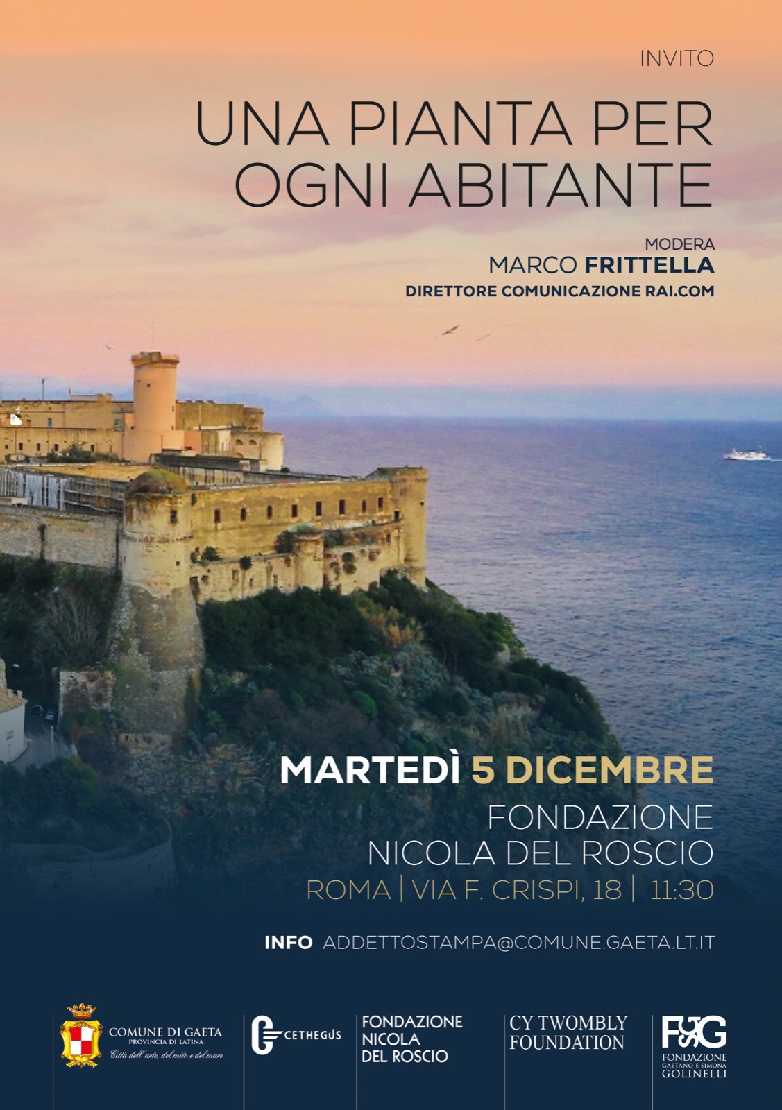 "Una pianta per ogni abitante: Gaeta, Città più verde del Mediterraneo", la presentazione del progetto a Roma, presso la Fondazione Nicola Del Roscio