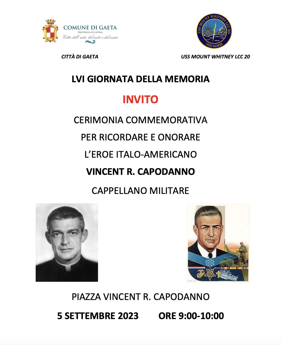 Vincent Capodanno, martedì 5 settembre la cerimonia commemorativa del 56° anniversario della scomparsa Vincent Capodanno, martedì 5 settembre la cerimonia commemorativa del 56° anniversario della scomparsa